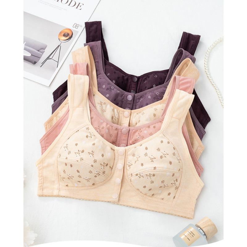 Printed Cotton Front-Button Bra with Wide Shoulder Straps